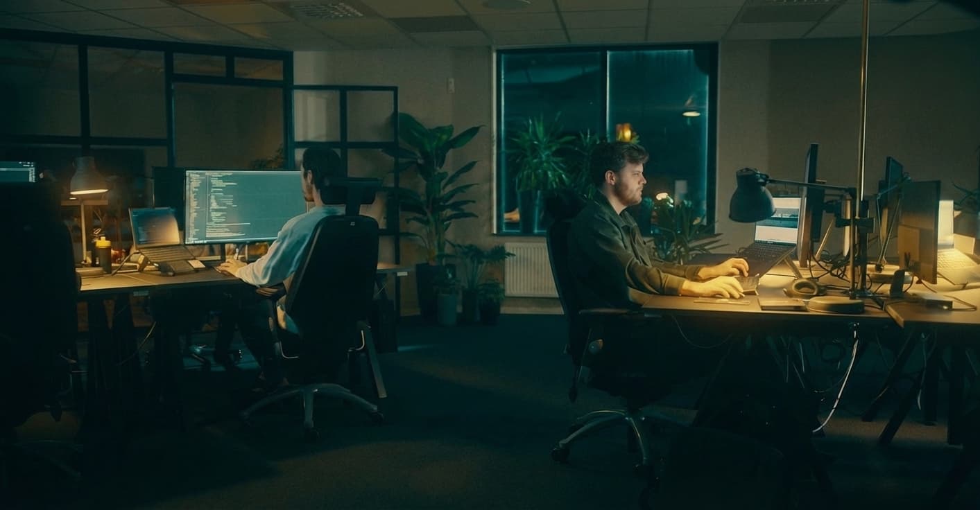 Öppet kontorslandskap med höj/sänkbara skrivbord och externa skärmar på River Street Lab i Linköping